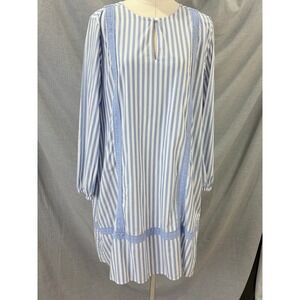 Lands End Blue White Striped Eyelet Lace Trim Tunic Shift Dress Large 14-16